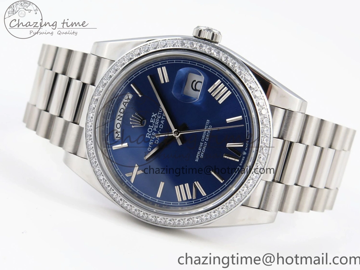 MiroTime 0426 QuickDry DayDate 40 SS GSF Gain Weight Blue Roman Dial Diamonds Bezel on President Bracelet A 1917
